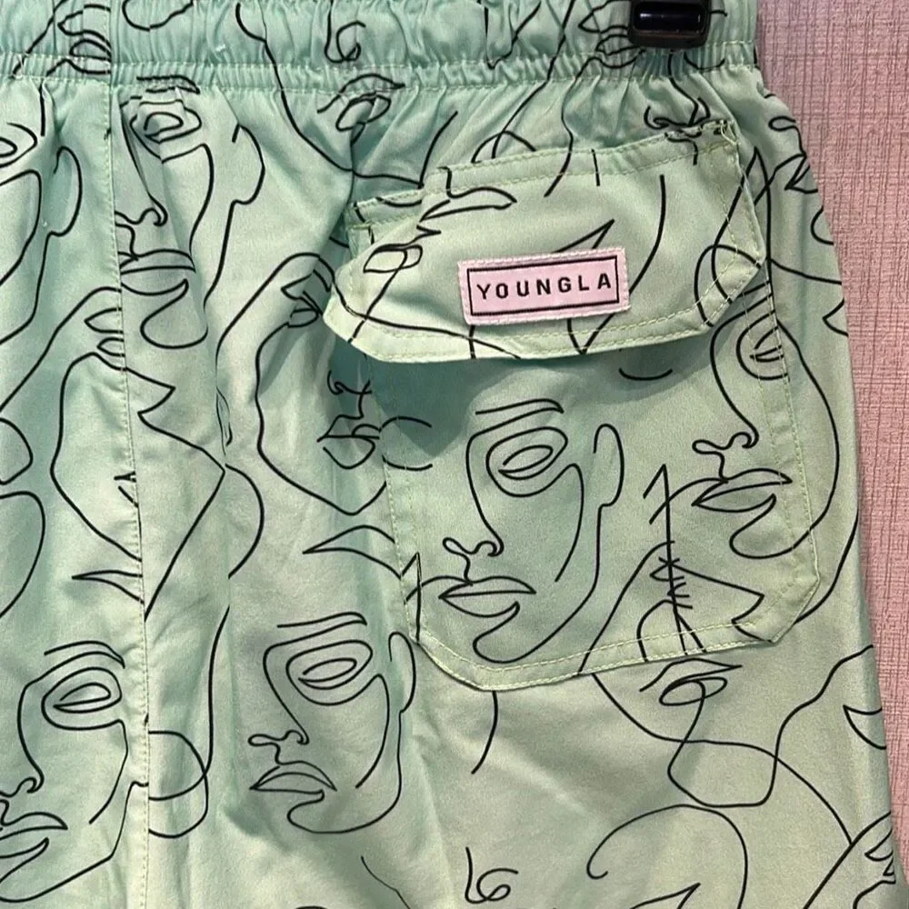 YoungLA Mint Green Abstract Face Line Art Swim Shorts Sz Large *NO MESH LINING*